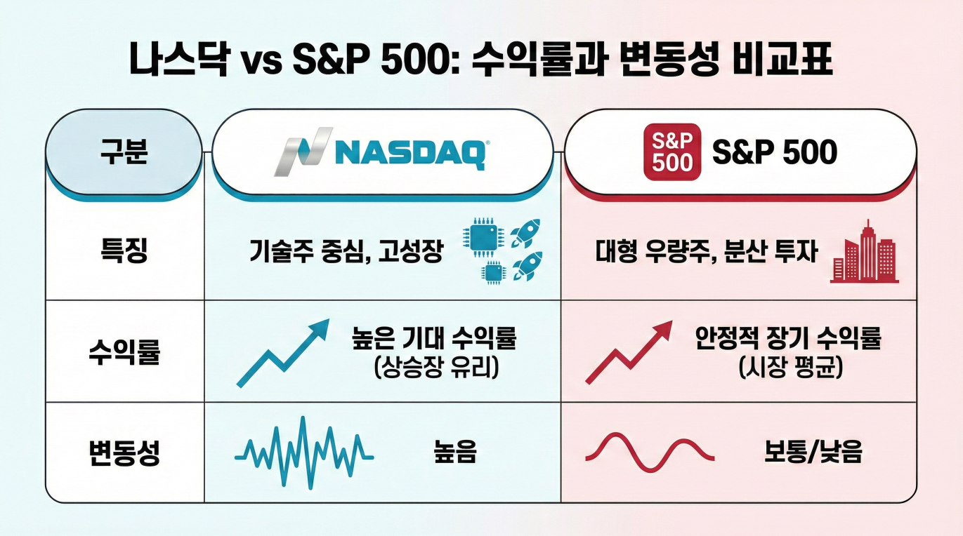 나스닥 S&P 500 차이 비교표 - 수익률과 변동성