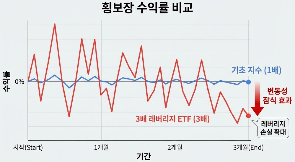 횡보장에서 기초 지수와 3배 레버리지 ETF의 수익률 차이를 보여주는 비교 그래프, 변동성 잠식 시각화