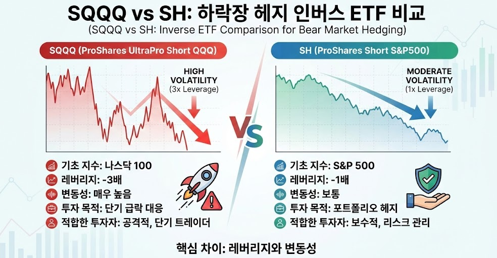미국 증시 하락장 헤지용 SQQQ SH 인버스 ETF 비교