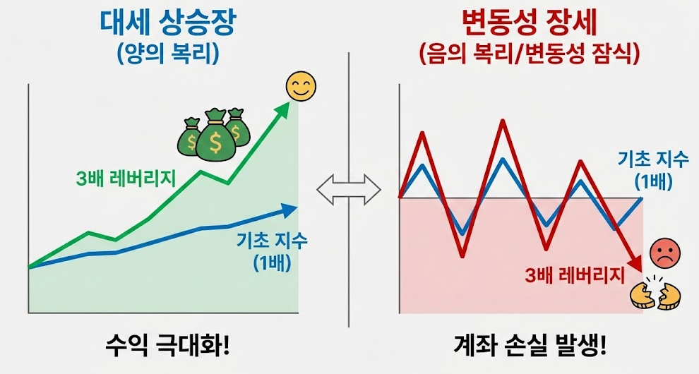 상승장과 횡보장에서의 레버리지 ETF 성과 차이를 보여주는 인포그래픽