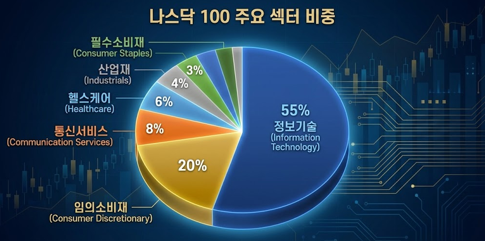 나스닥 100 지수 구성 종목과 기술주 비중 인포그래픽