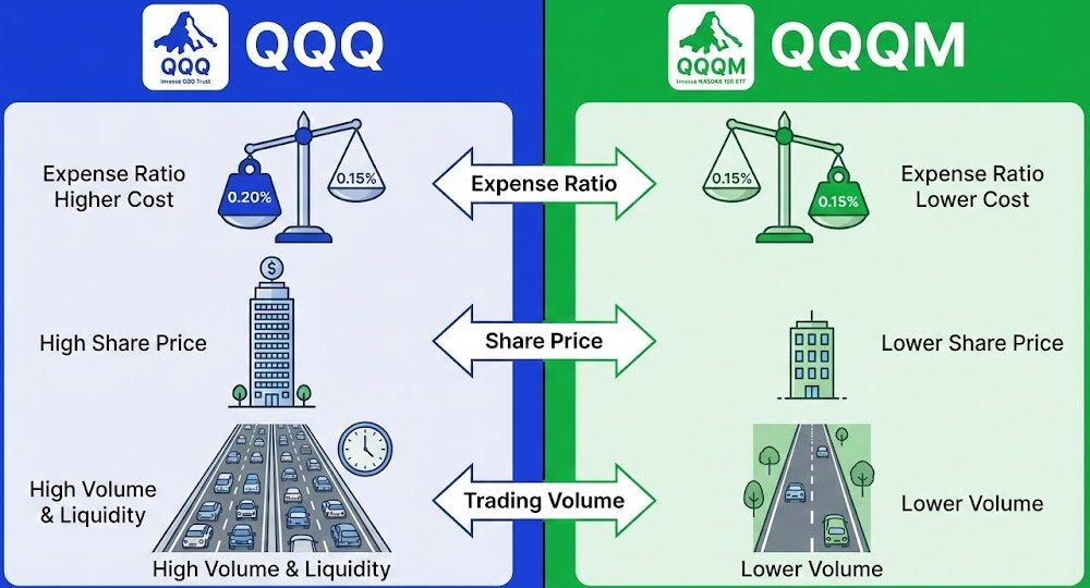 QQQ vs QQQM 수수료 및 거래량 비교 데이터 시각화
