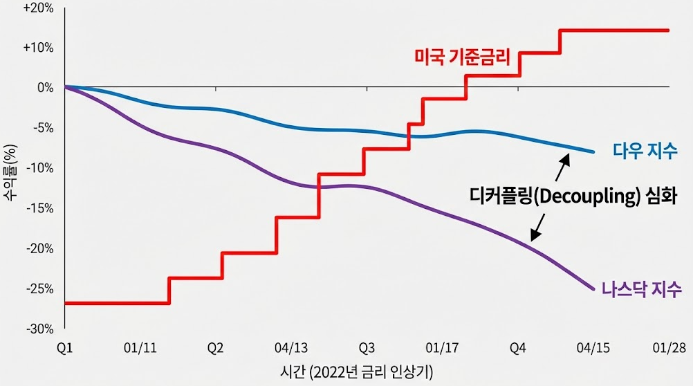 금리 인상기에 나타나는 다우 지수와 나스닥 지수의 수익률 격차 및 디커플링 현상 그래프