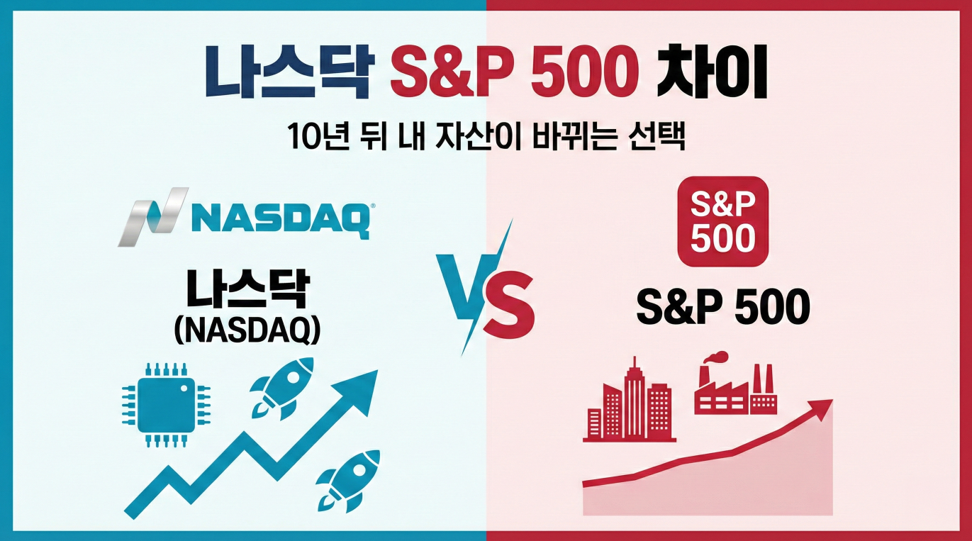 나스닥 S&P 500 차이를 비교하는 주식 시장 차트와 로고