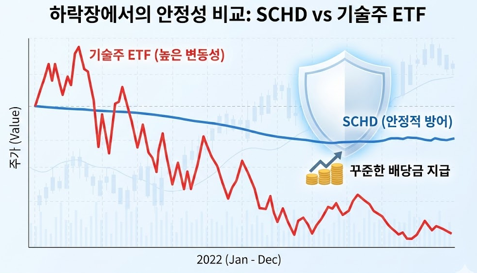 SCHD 대 기술주 하락장 방어력 비교 차트