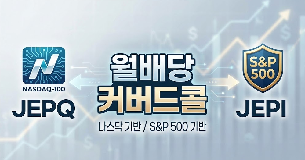 JEPQ JEPI 비교 인포그래픽, 나스닥 100 및 S&P 500 월배당 전략